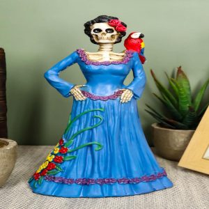 Day Of The Dead Lady In Blue With Scarlet Macaw Parrot Skeleton Figurine Statue