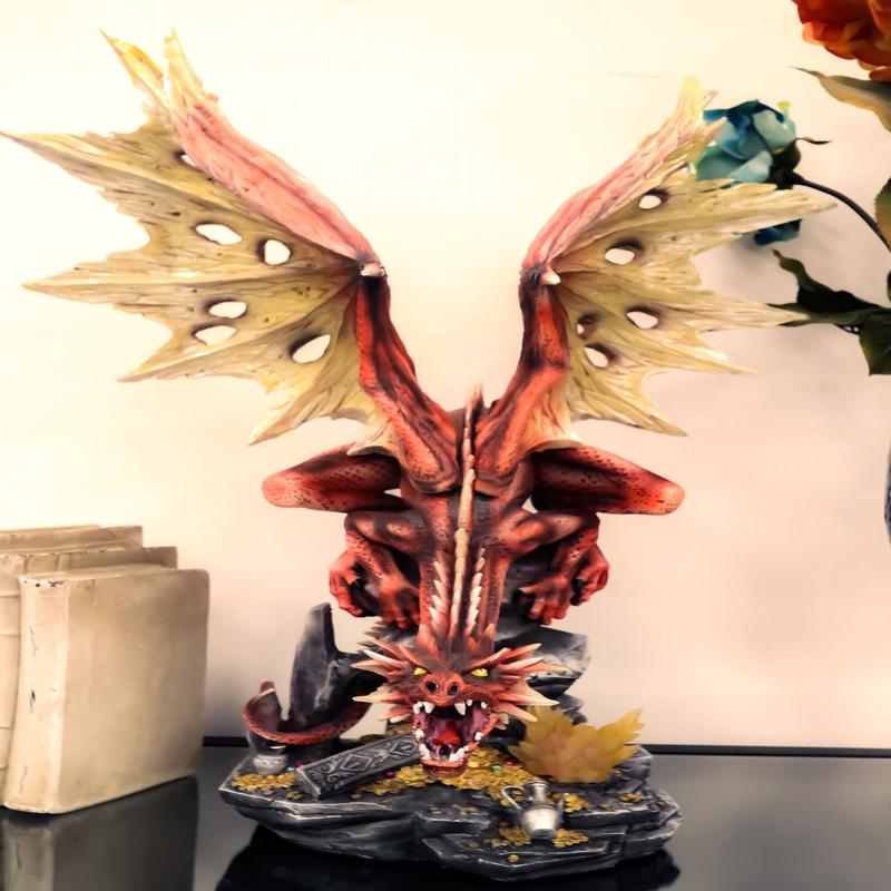 Ebros Large Red Volcano Dragon Crouching On Crystal Cavern Ruins With LED Light