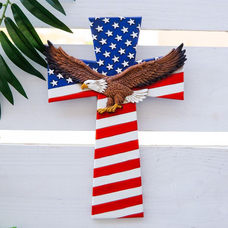 Ebros Patriotic USA American Flag With Soaring Bald Eagle Wall Cross Decor Plaque