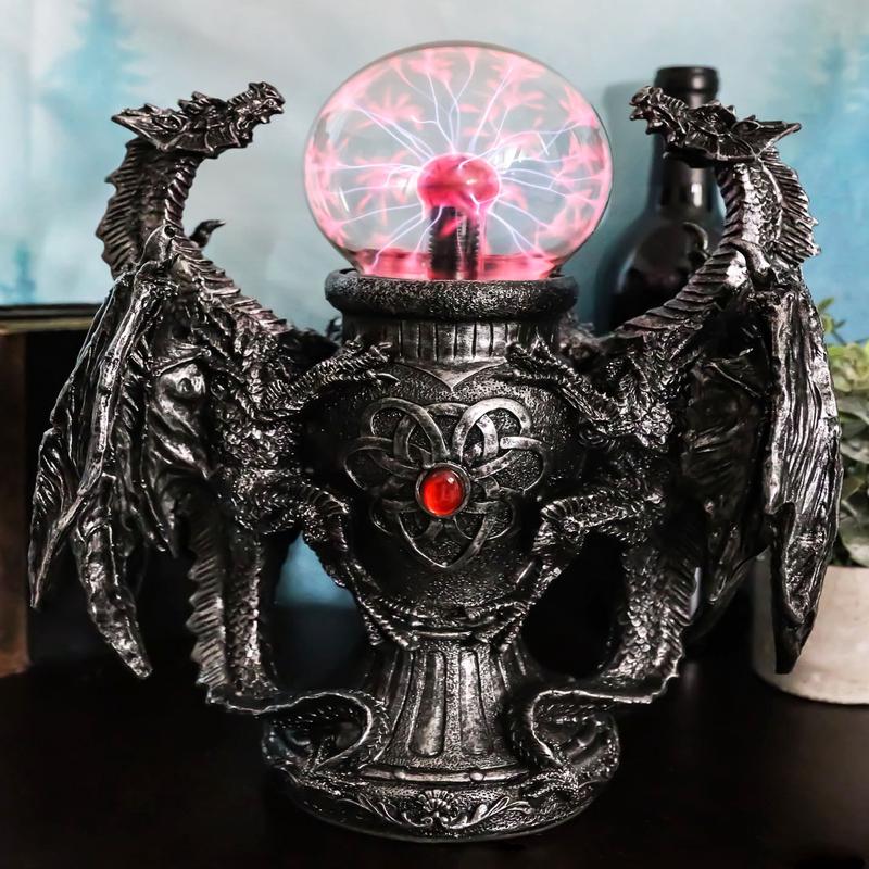 Fantasy Double Dragons Protecting Oracle AC Flashing Electric Ball Figurine