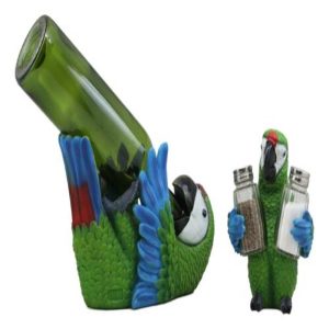 Green Scarlet Macaw Parrot Wine Bottle And Salt Pepper Shakers Holder Statue Set