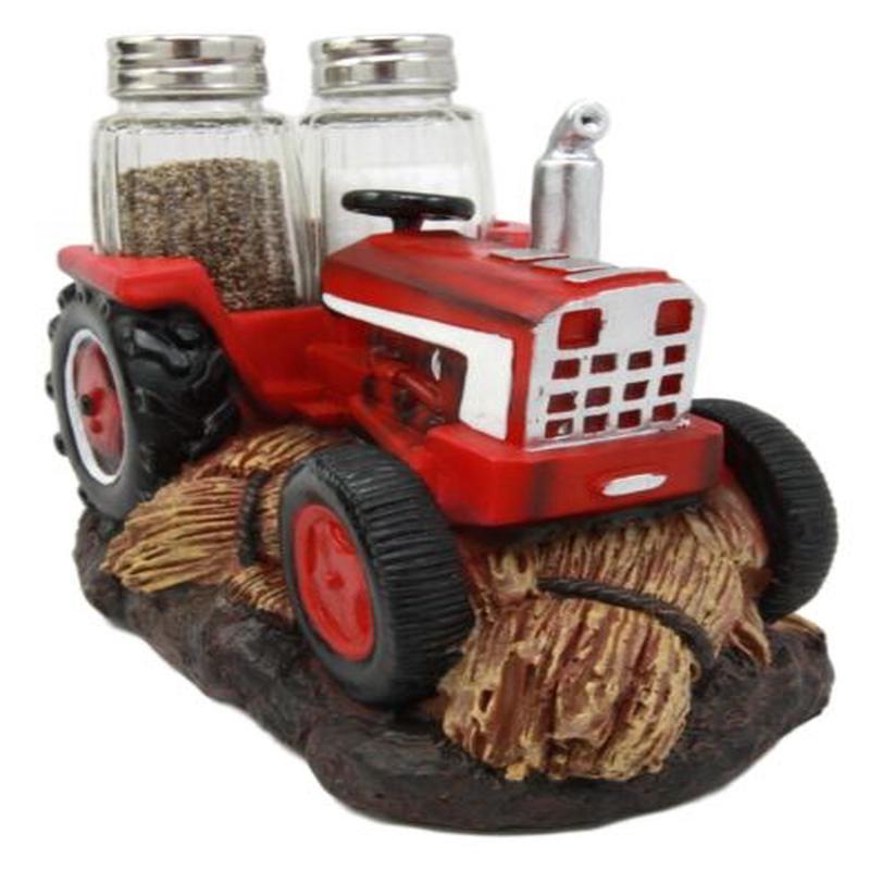 Vintage Country Farm Agriculture Red Tractor Salt Pepper Shakers Holder Figurine