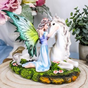 Beautiful Fae Goddess Fairy Princess With Rare Unicorn Friend Statue Magic Decor