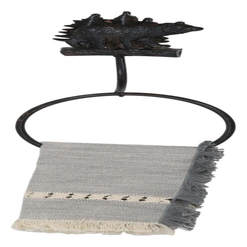 Cast Iron Rustic Cabin Bathroom Black Bear By Pine Trees Hand Towel Ring Holder