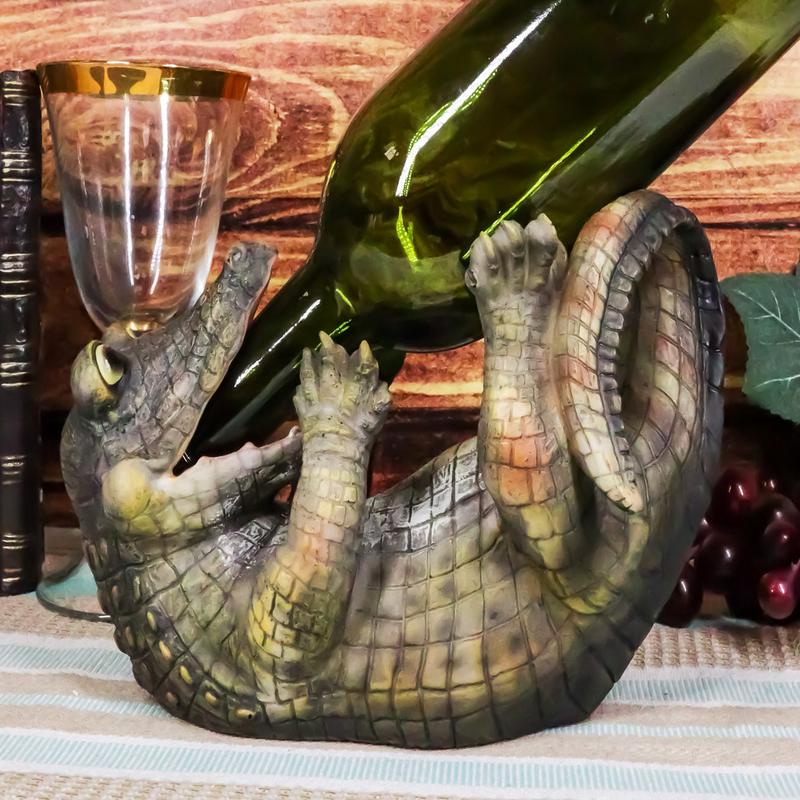Comical Thirsty Alligator Wine Holder Figurine 8.75"H Prehistoric Reptile Party