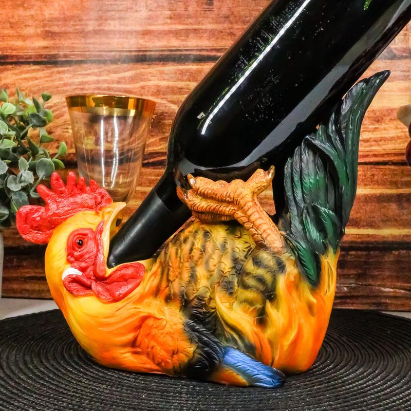 Cottage Farm Alpha Rooster Chicken Wine Holder Statue Animal Farm Kitchen Decor