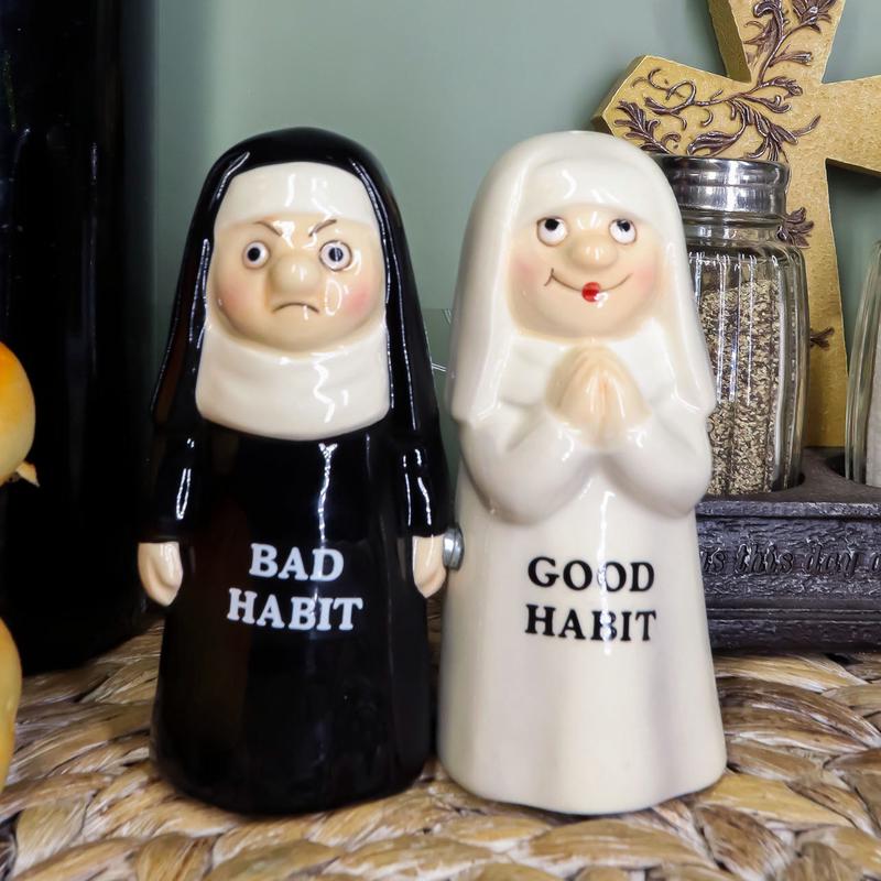 Ebros Bad And Good Habits Nun Pair Salt & Pepper Shakers Ceramic Magnetic Set