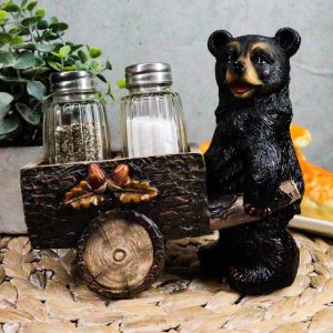 Ebros Black Bear Pushing Vintage Wagon Cart Salt And Pepper Shakers Holder Set