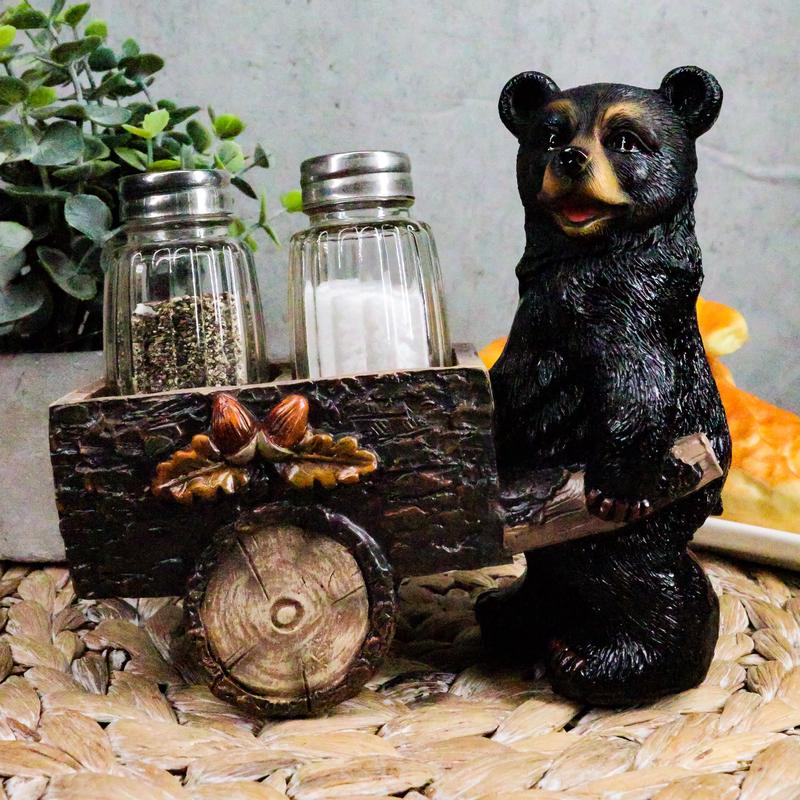 Ebros Black Bear Pushing Vintage Wagon Cart Salt And Pepper Shakers Holder Set