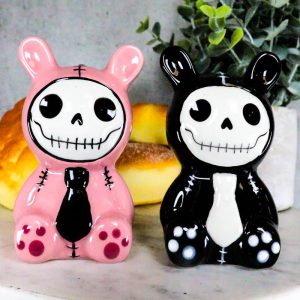 Ebros Furrybones Bunnie Rabbit Skeleton Monster Ceramic Salt Pepper Shakers Set