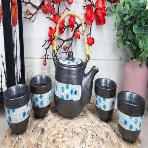 Ebros Japanese Design Cherry Petals Charcoal Grey Ceramic Tea Pot & Cups Set Serves 4