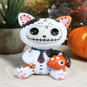 Ebros Large Furrybones Calico Cat Mao Mao With Fish Costume Cute Skeleton Figurine