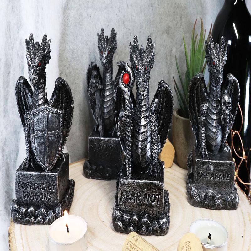 Ebros Medieval Inspirations Guardian Dragons W/ Shield Sword Staff And Skull Set of 4