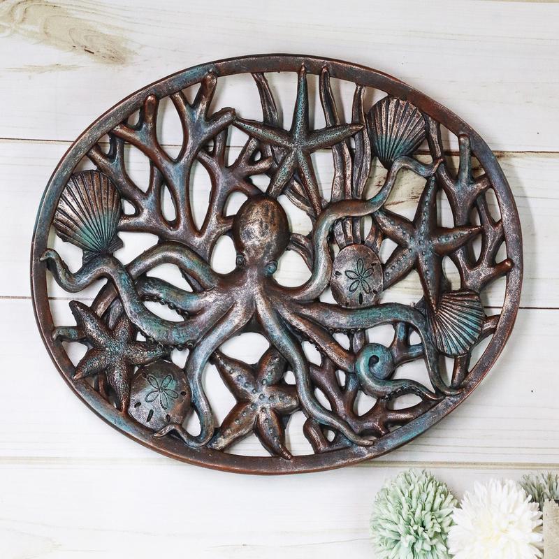 Ebros Nautical Marine Octopus Sand Dollars Starfishes And Shells Wall Art Decor Plaque