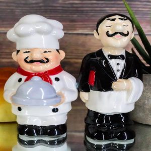 Food Service Head Chef & Waiter Salt & Pepper Shakers Ceramic Magnetic Figurines