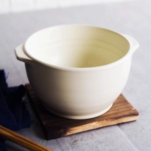 Japanese White Donabe Ceramic Hot Clay Pot Bowl Casserole 32oz With Wooden Base