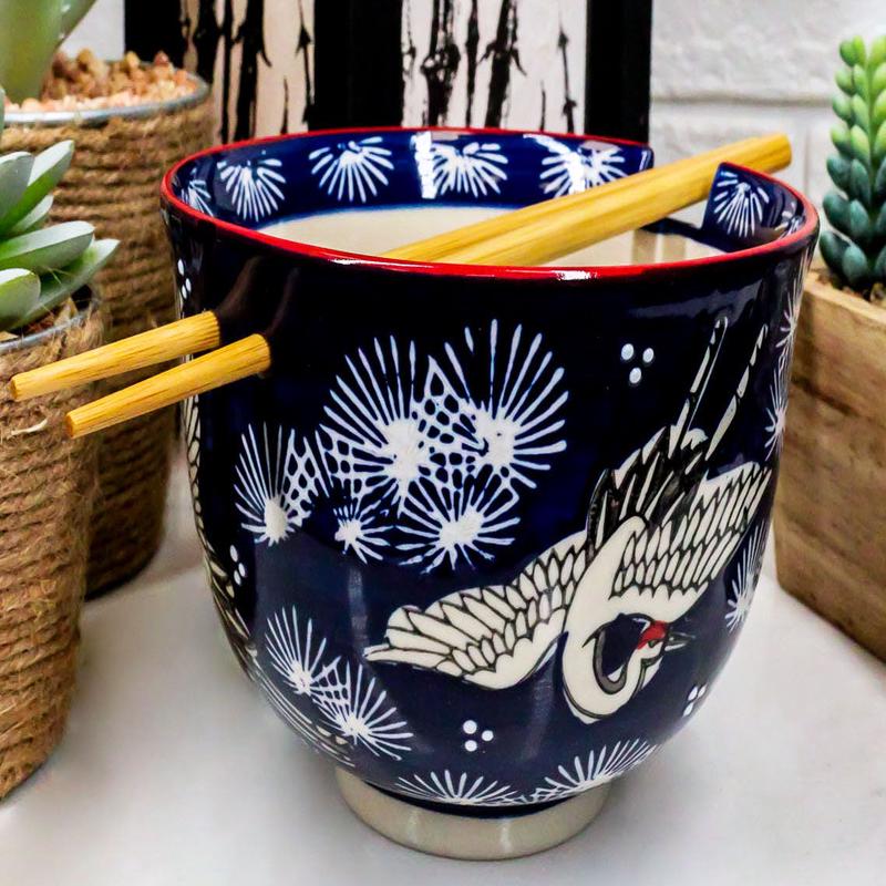 Japanese White Storks In Dark Blue Sky Ramen Soup Bowl With Chopsticks Set