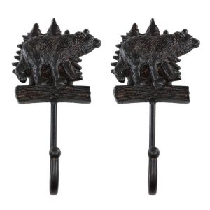 Pack Of 2 Cast Iron 9"H Rustic Forest Black Bear By Pine Trees Forest Wall Hooks