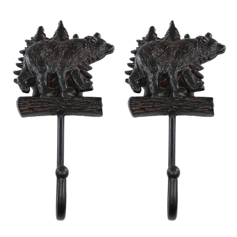 Pack Of 2 Cast Iron 9"H Rustic Forest Black Bear By Pine Trees Forest Wall Hooks