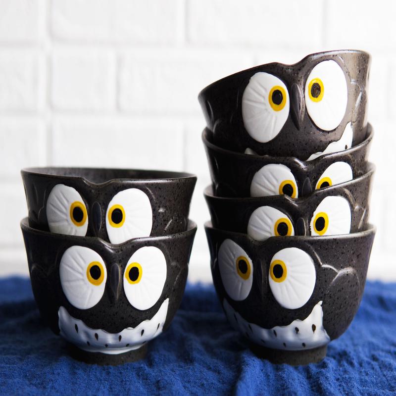 Pack Of 6 Black Whimsical Big Eyed Owls Rice Soup Appetizer Sauce Bowls 14oz