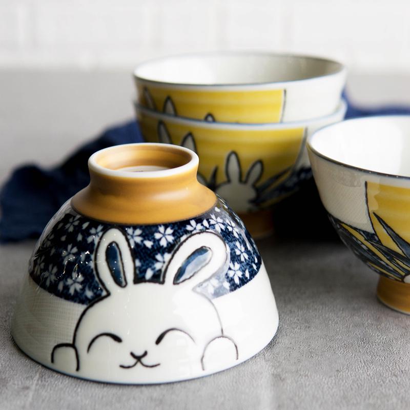Pack Of 6 Made In Japan Ceramic Colorful 2 Rabbits Gazing Moon Soup Rice Bowls