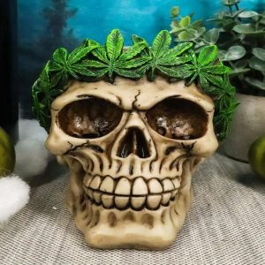 Pot Head Skull Statue 6"Long Gothic Skull With Weed Leaf Laurel Resin Figurine