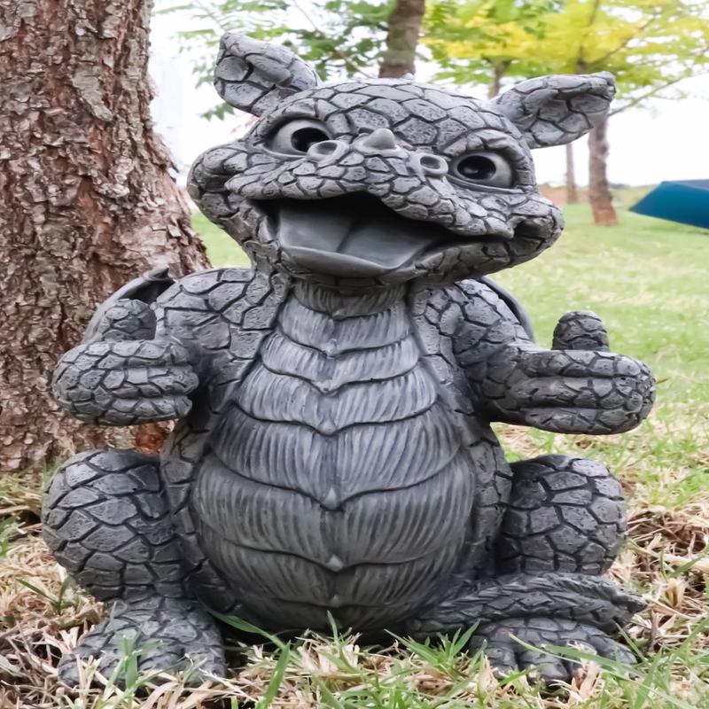 Whimsical Good Job Thumbs Up Dragon Garden Statue Faux Stone Resin Finish 10"H