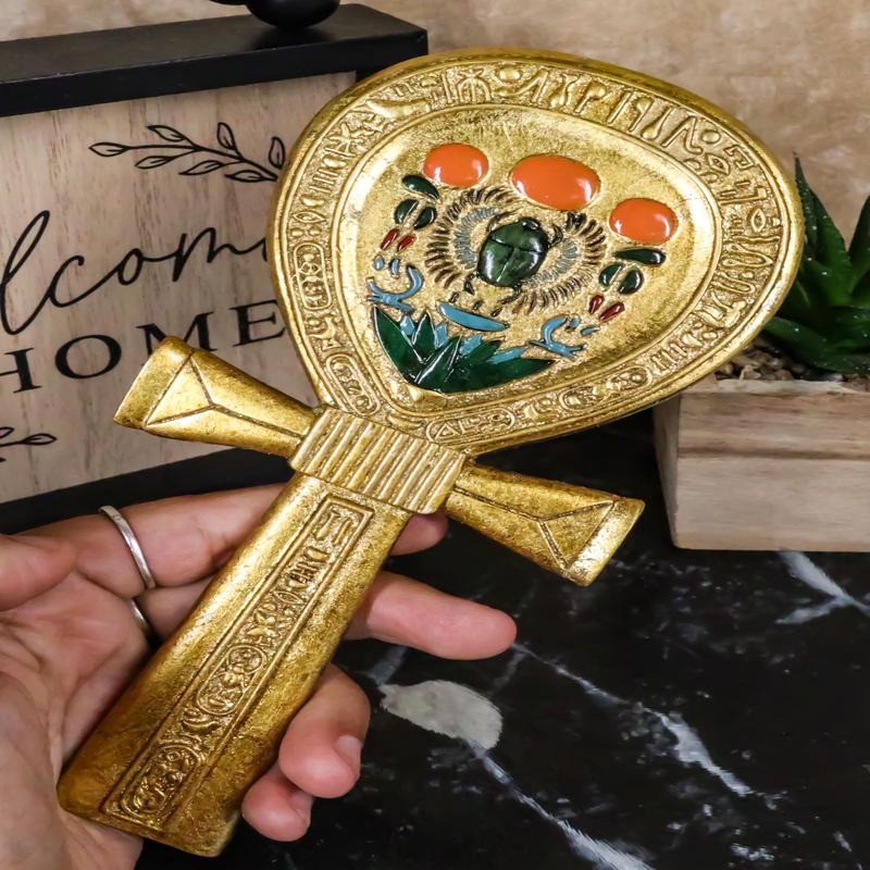 Ebros Egyptian Gods Winged Scarab Dual Cobra Uraeus Ankh Shaped Hand Mirror