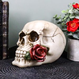Romantic Goth Skull Biting A Stalk Of Red Rose Statue Lover Never Dies Eternal