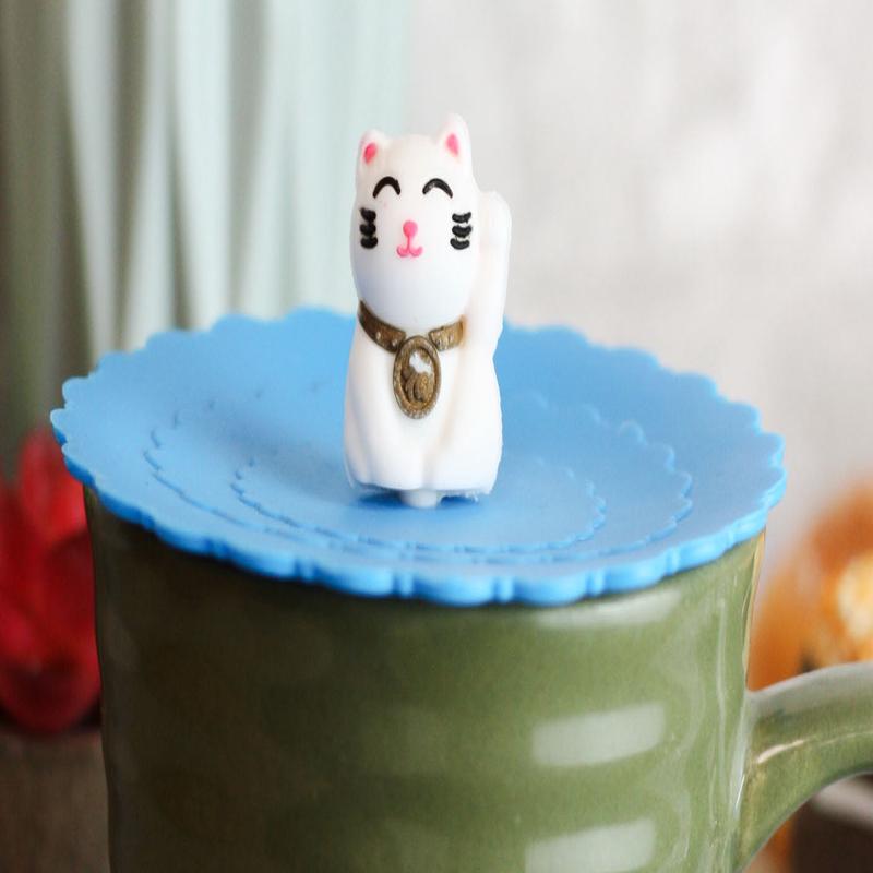 Set Of 4 Maneki Neko Cat Reusable Silicone Coffee Tea Cup Cover Lids Air Tight