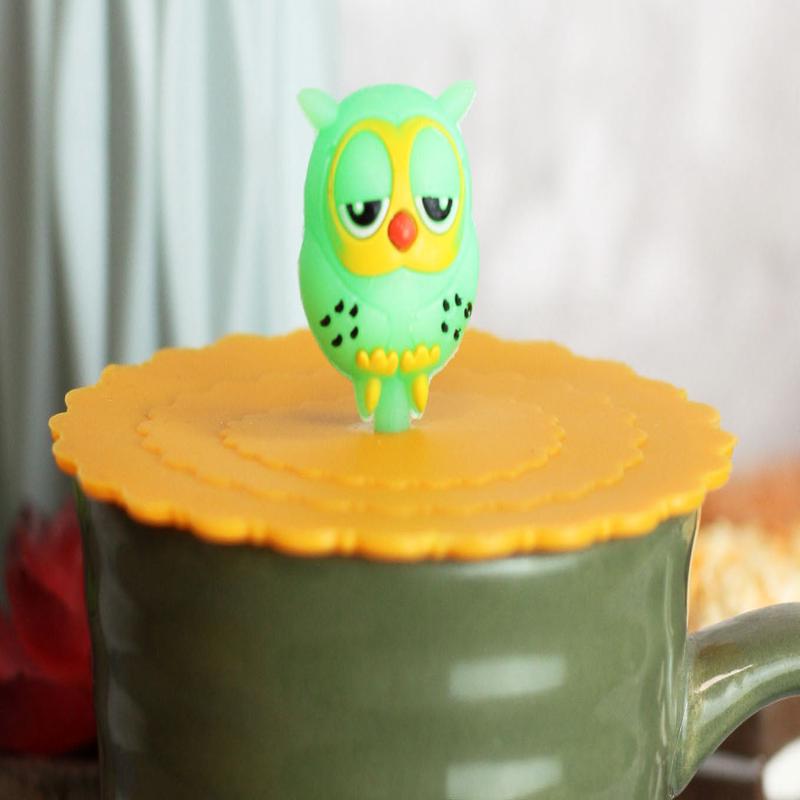 Set Of 4 Yellow Sleepy Owl Reusable Silicone Coffee Tea Cup Cover Lids Air Tight
