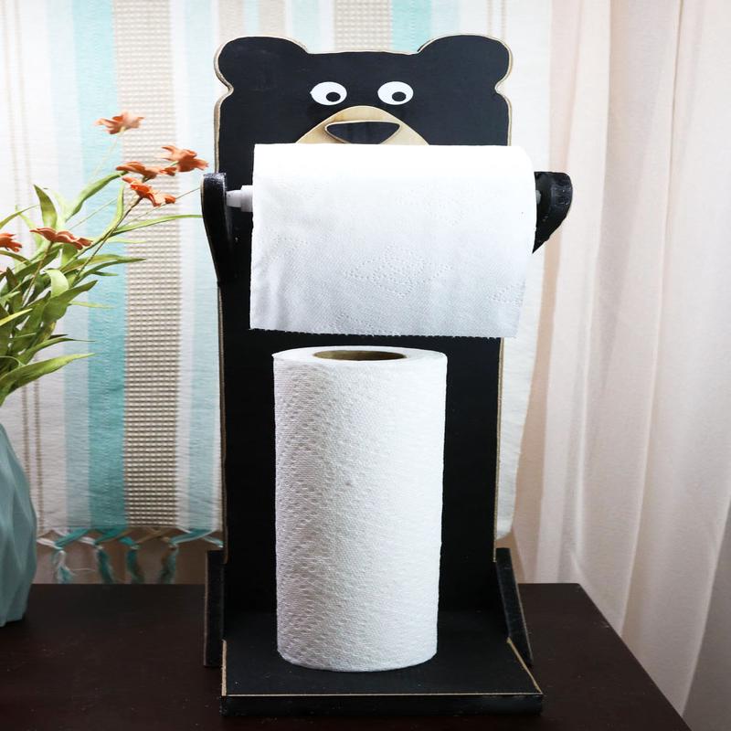 Whimsical Kids Rustic Black Bear Cub Toilet Paper Holder Floor Stand W/ Storage