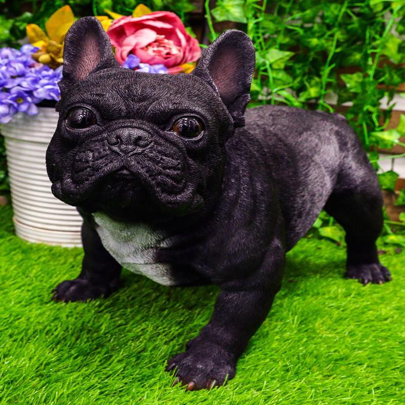 Cute Large Lifelike Black French Bulldog Statue With Glass Eyes 19.5"Long Decor