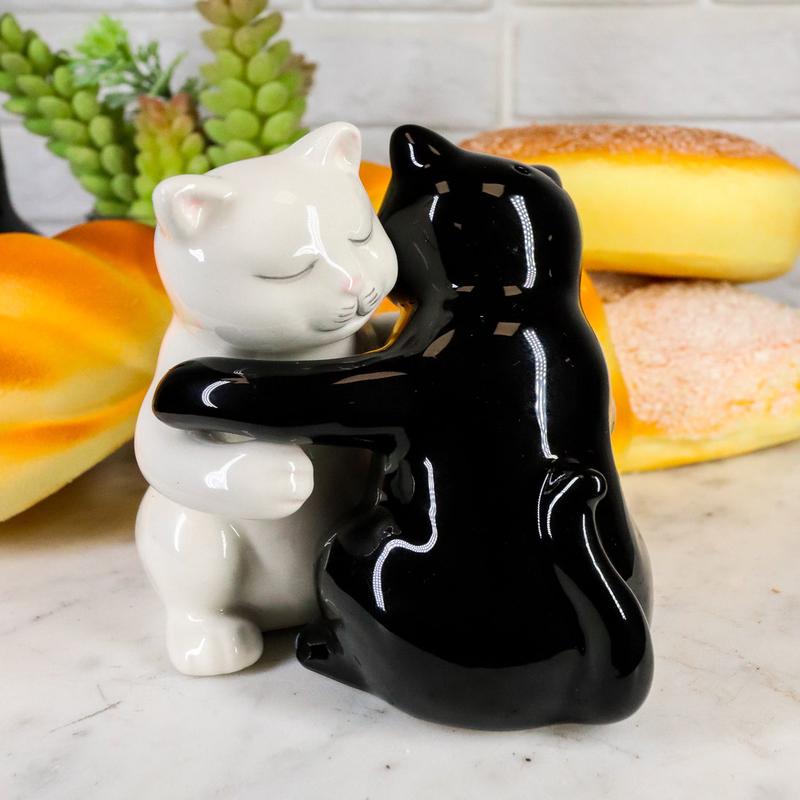 Ebros Colorful Ceramic Black White Cats Couple Hugging Dancing Salt Pepper Shakers Set