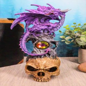 Ebros Purple Midnight Dragon Perching On Cranium Alien Skull W/ Gemstone Statue