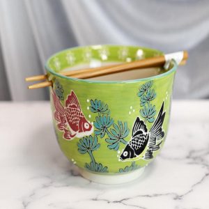 Fengshui Goldfish Habitat Green Ramen Noodles Soup Large 6"D Bowl W/ Chopsticks