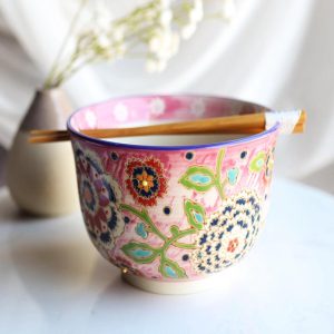 Floral Pink Polkadot Art Splash Ramen Noodles Soup Large 6"D Bowl W/ Chopsticks