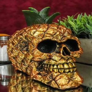 Hawaiian Tropical Pineapple Golden Skull Figurine 6"Tall Fruity Skeleton Head