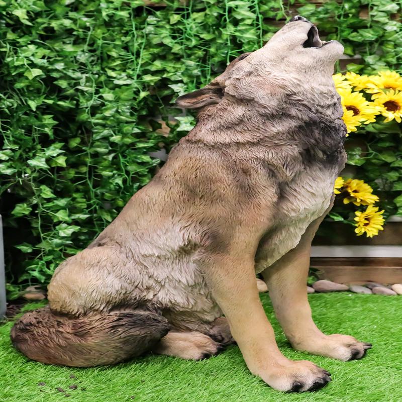 Large Wildlife Sitting Alpha Wolf Howling At The Moon Statue Decor 33.25" Tall