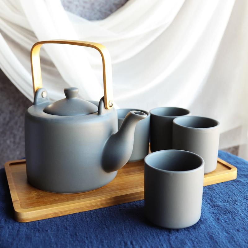 Matte Black Modern Ceramic 28oz Tea Pot With 4 Cups And Bamboo Serving Tray Set