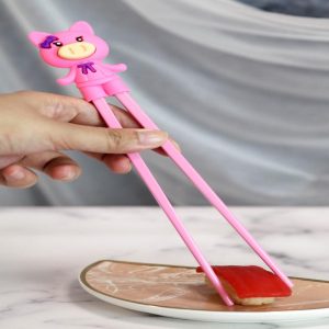 Pink Ribbon Miss Piggy Pig Reusable Training Chopsticks Set With Silicone Helper