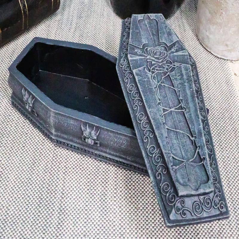 Gothic Gargoyle With Twisted Rose Vine Cross Coffin Jewelry Box Figurine 6"Long