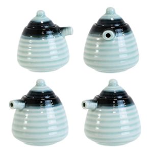 Pack Of 4 Zen Blue Ceramic Soy Ponzu Sauce Or Oil Dispensers Holder With Lid