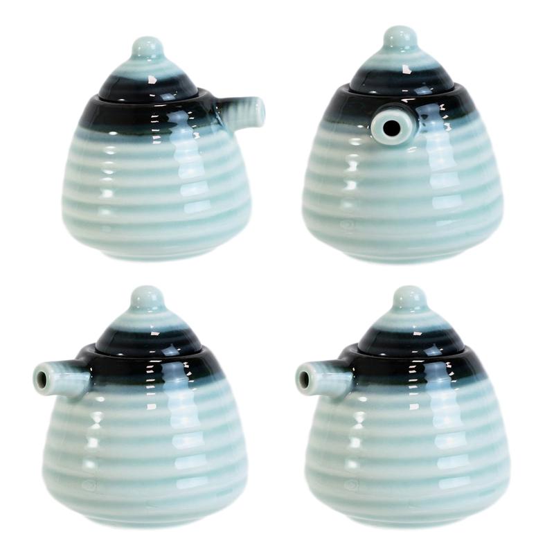 Pack Of 4 Zen Blue Ceramic Soy Ponzu Sauce Or Oil Dispensers Holder With Lid