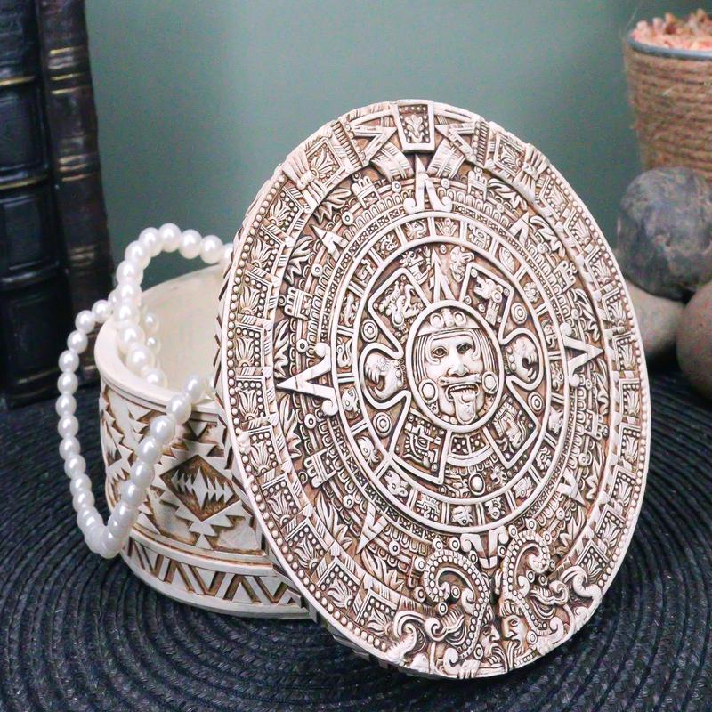 Round Mesoamerican Maya Aztec Jewelry Box Figurine 5"D Solar Calendar Sun God