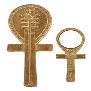 Small Crux Ansata Egyptian Golden Ankh Djed Hand Mirror Figurine 8.25"H New Age