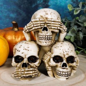 Stacked See Hear Speak No Evil Skulls Figurine Halloween Skeleton Decoration