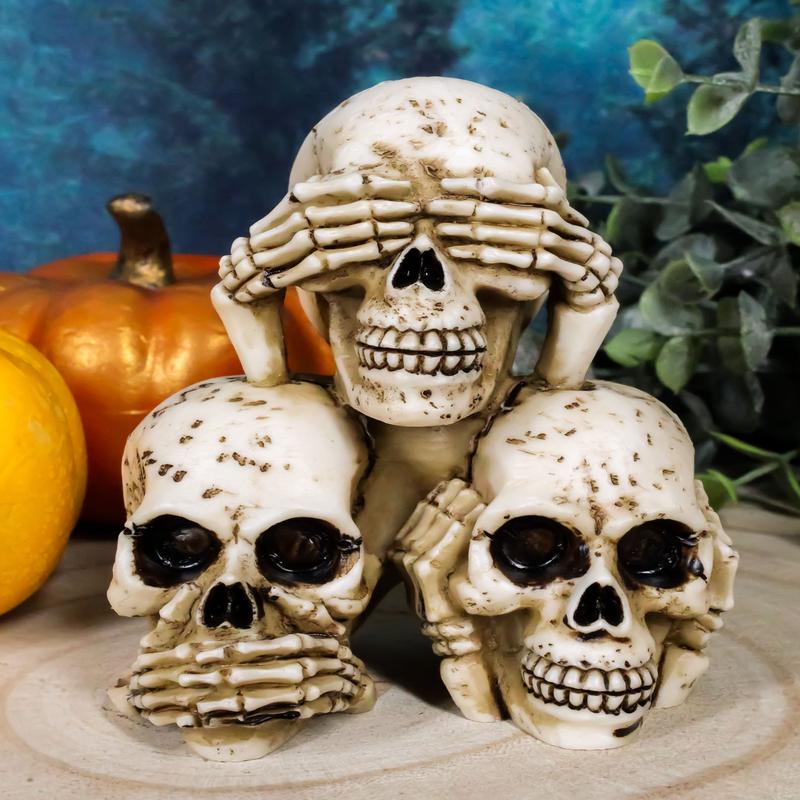 Stacked See Hear Speak No Evil Skulls Figurine Halloween Skeleton Decoration