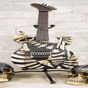 14"H Hell Skull Electric Guitar With Stand Money Coin Piggy Bank Accent Decor
