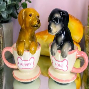 Black Chocolate Teacup Dachshund Puppies Puppy Love Ceramic Salt Pepper Shakers